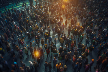 Crowd of people next to each other aerial view. The concept of relationships in a society society, electric tint. Generative AI.