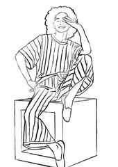 Jeune femme afro-américaine souriante et décontractée assise sur un cube. Illustration aux lignes noire et épurées, esquisse réaliste et épuré 