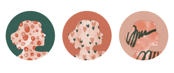 Fototapeten Trois profils d’un visage de femme aux motifs rose, pêche et vert: cœur, trait et rond © Julie