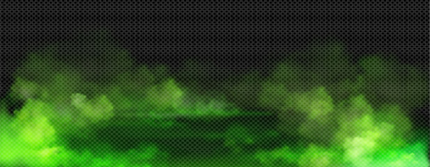 Realistic green gas clouds on transparent background. Vector illustration of toxic fog, evil magic mist, poisonous evaporation, color powder, stinky odor waves, mysterious Halloween glow, dirty fume - obrazy, fototapety, plakaty