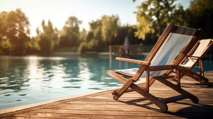 Wooden deck chairs by the swimming pool in the summer