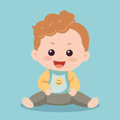 A baby with a smiley face sits on the floor.