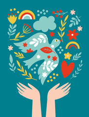 World peace poster. Dove of peace , flowers, heart, symbols of peace - 604797594
