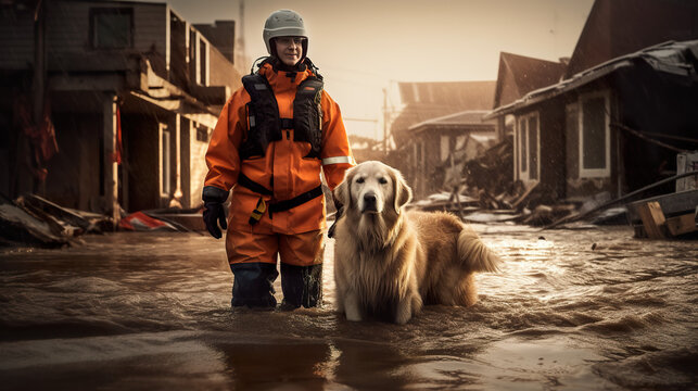 Volunteers resque dogs in flooded zone, natural disaster resque efforts, generative AI illustration