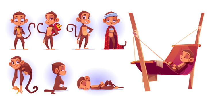 Cartoon set of cute monkeys isolated on white background. Vector illustration of funny animal character eating banana, smiling, lying on branch, suffering headache, sleeping in hammock, sitting angry