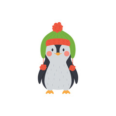 Penguin fancy cartoon character in warm hat vector illustration isolated.
