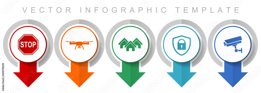 Poster Home security icon set, miscellaneous pointer icons such as stop sign, drone, house, cctv camera and padlockfor webdesign and mobile applications, modern design infographic vector template