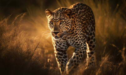 photo of leopard running in tall grass at sunset. Generative AI