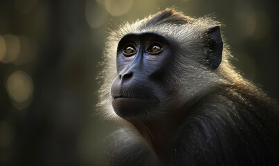 Fototapeta premium closeup photo of mangabey on blurry bokeh jungle background. Generative AI