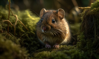 closeup photo of meadow vole on green blurry natural background of its natural habitat. Generative AI