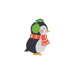Penguin baby in warm hat and knitted scarf, flat vector illustration isolated.
