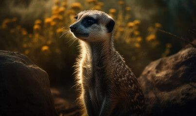 Photo of meerkat, scene features the curious creature perched atop a rocky outcropping, its sharp eyes scanning the horizon for signs of danger. Generative AI