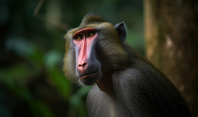 Photo of mandrill, intensely focused & vibrant against lush jungle background. visible details of it's colorful fur & expressive face, conveying its strength & intelligence. Generative AI