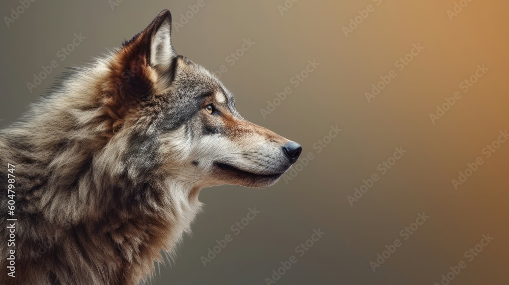 Poster Head of furry Wolf looking lateral with copy space for advertisement. Space background for banner text. Generative AI