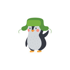 Funny comic penguin in winter hat cartoon flat vector illustration isolated.