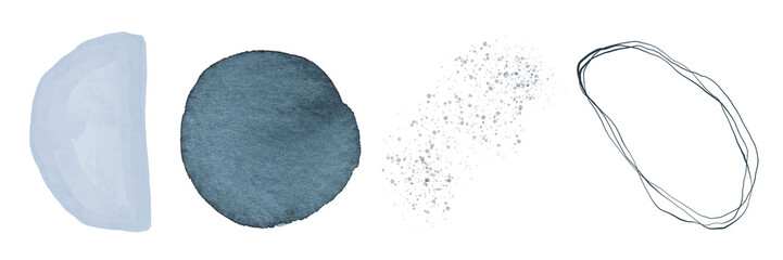 Set of abstract watercolor and graphic blue and navy design elements. Smooth shapes, spots, splashes of paint. Modern Art. Hand drawn.