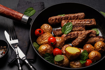 Delicious grilled sausages and potatoes in a sizzling frying pan