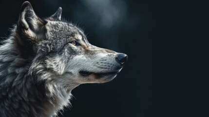 Obraz premium Head of furry Wolf looking lateral with copy space for advertisement. Space background for banner text. Generative AI