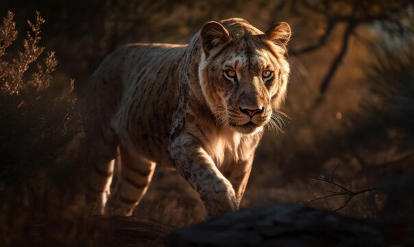 Photo of liger (hybrid of lion and tiger) majestically prowling through the sun-dappled savannah, the powerful feline's muscular build and striking markings are accentuated. Generative AI