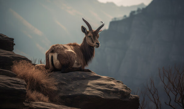 Photo of markhor (Capra falconeri), perched on a rocky outcrop overlooking a sprawling mountain range. images highlighs the markhor's majestic horns and striking coat. Generative AI