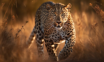 Fototapeta na wymiar photo of leopard running in tall grass at sunset. Generative AI
