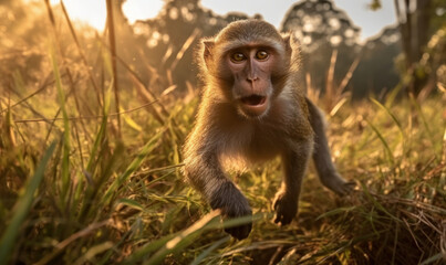 Obraz premium photo of macaque jumping in tall grass at sunset. Generative AI