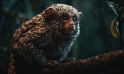 Photo of marmoset, perfectly poised in a lush, tropical rainforest. Generative AI