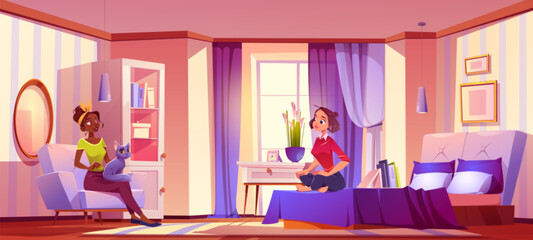 Friends sitting in bedroom and resting with cat. Modern home interior design with carpet, mirror and bed. Cozy purple furniture in hotel apartment. African american girl in armchair talking with woman