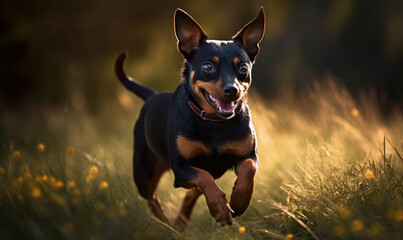 Photo of Miniature Pinscher, captured in motion as it energetically chases after a ball in a grassy park. The image showcases the breed's playful and athletic nature. Generative AI