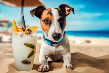 Fototapeta na wymiar Cute dog with coctail relaxing on sandy beach near sea. Summer vacation with pet. Generative AI