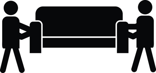 delivery men with sofa moving icon. two movers carry sofa sign. furniture delivery service symbol. flat style. 
