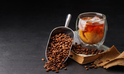 Iced cold brew coffee and freshly roasted coffee beans