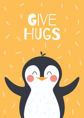 Card or poster layout for winter prints and cards with penguin, flat vector.