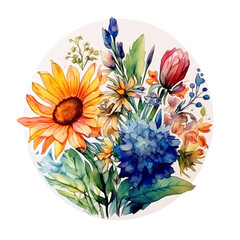 Watercolor flowers in a garden. Tulips, sunflower, grass, leaves