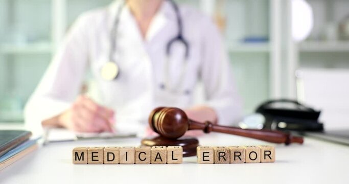 Judge gavel written with words medical error. Medical malpractice trial