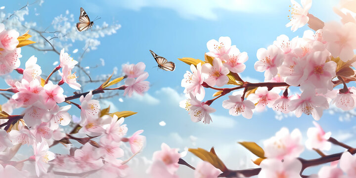 The delicate pink sakura flowers create a dreamy and romantic atmosphere, exuding the essence of the season. Fluttering butterflies gracefully dance amidst the blossoms.