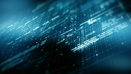 Advance data matrix, telemetry and encrypt numbers simulation user interface display in cyber space abstract de-focus environment background