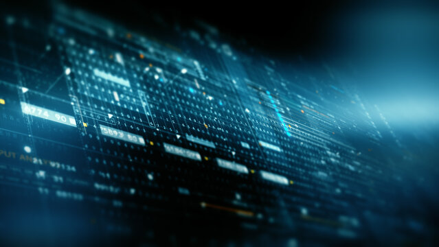 Advance data matrix, telemetry and encrypt numbers simulation user interface display in cyber space abstract de-focus environment background