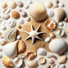 Sea Shell Texture Background, Colorful Seashell Pattern, Sea Shells on Sand, Abstract Generative AI Illustration