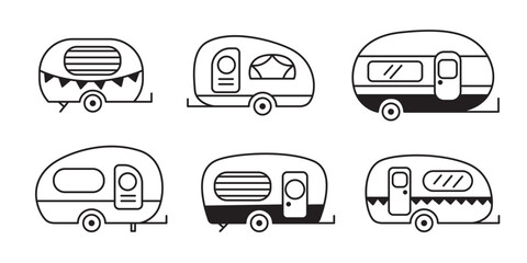 Camper Van trailer set, travel caravan icon doodle - obrazy, fototapety, plakaty