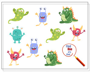 Obraz premium Find a couple, educational game for kids, cartoon monsters, aliens