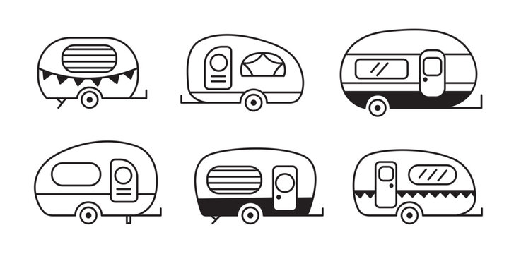 Camper Van trailer set, travel caravan icon doodle