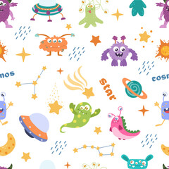 Seamless Space Monsters pattern. Elements of children's space, cute planets and aliens.