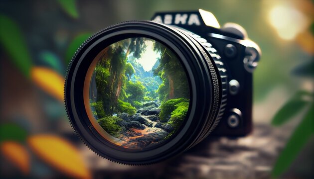 Retro camera with zoom lens reflection on natural background. Park bokeh composition. Generative AI illustration