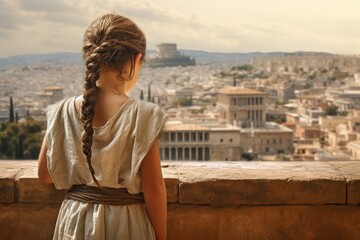 Fototapeta na wymiar Child girl ancient greek city. Generate Ai