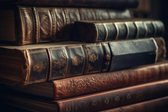 Banner or header image with stack of antique leather books in library. literature or reading concept. - ai .