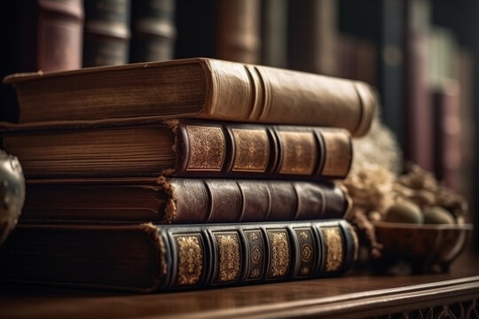 Banner or header image with stack of antique leather books in library. literature or reading concept. - ai .