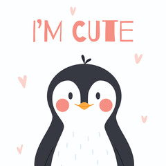 Card or postcard with cute little penguin character, flat vector illustration.