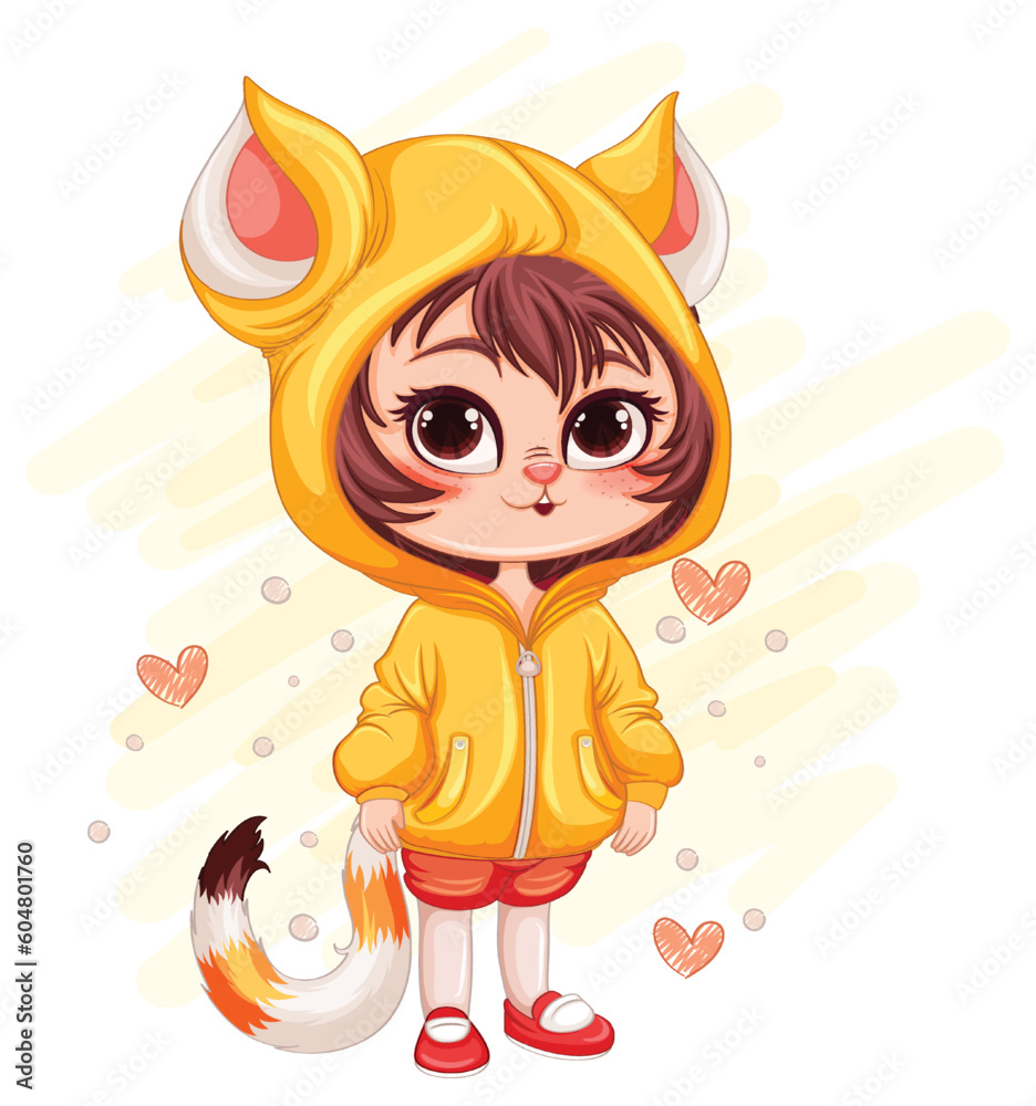 Sticker Little Cat Girl Hybrid in Fantasy Cartoon Style