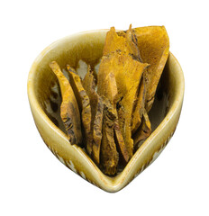 Sliced dried turmeric ready for use